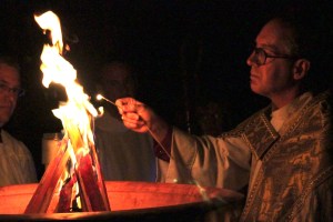 Bishop James Mathes of San Diego kindles the Easter fire at St. Paul’s Cathedral.